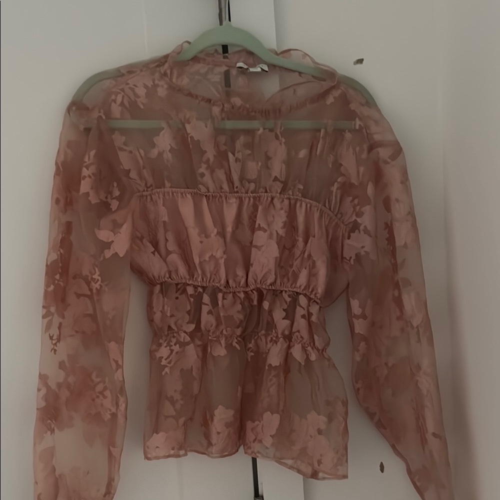 Topshop Pink Sheer Smocked Long Sleeve Blouse